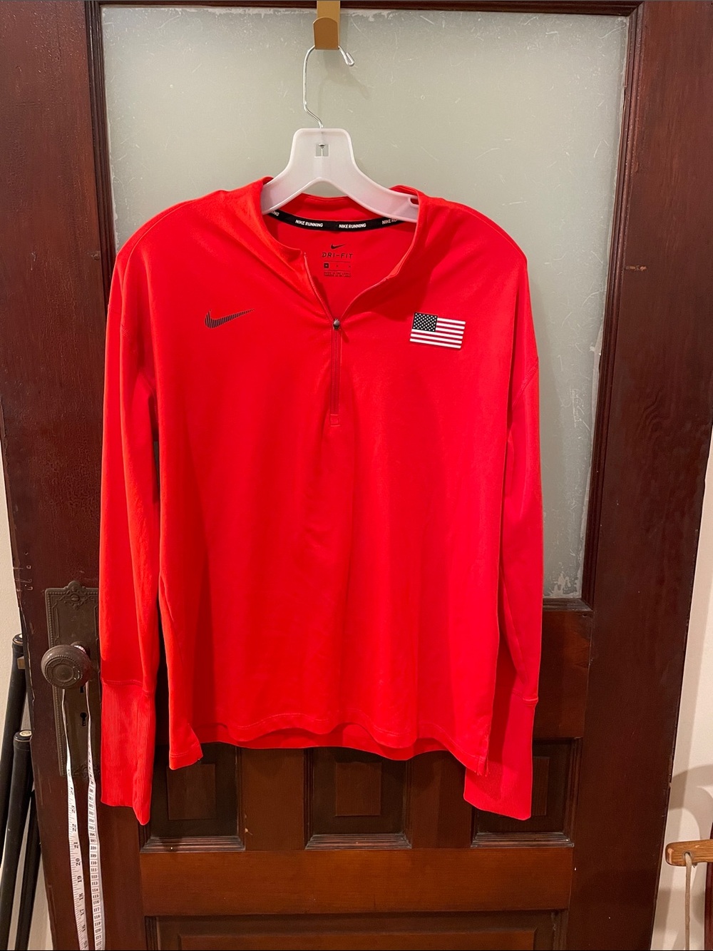 Nike Red Long Sleeve Quarter-Zip Top with USA Flag Patch
